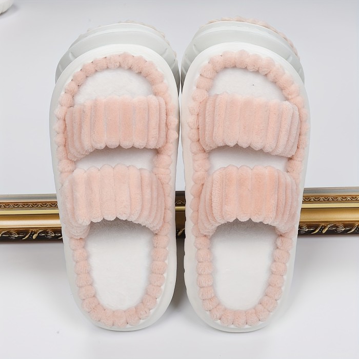 Chic Plush Double-Strap Slippers - Comfy Non-Slip Sole, Open-Toe Design - Stylish Indoor Footwear