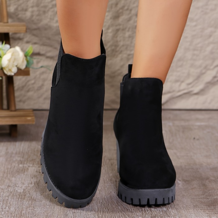 Women'S Fashion Chelsea Ankle Boots, Solid Color Slip-On Block Heel Booties, High Heel, Plain Toe, Fabric Upper, Lining & Insole, PU Sole, with Waterproof Platform, for All-Season, European Special, Taizhou Production Area