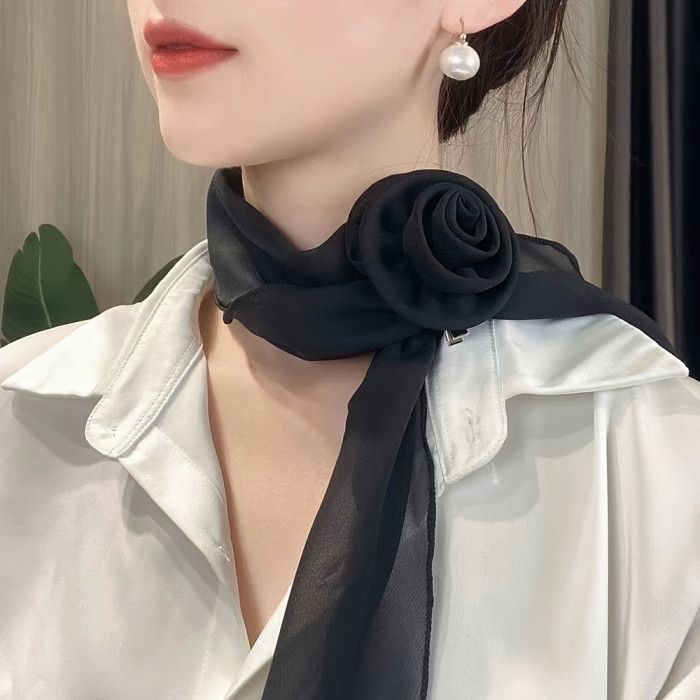 Elegant Rose Flower Clip Scarf - Lightweight, Breathable Polyester for Spring\u002FSummer Sun Protection & Fashion Versatility