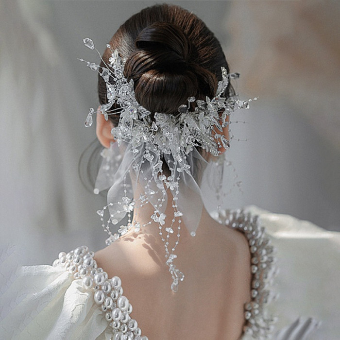2pcs Elegant Wedding Bridal Hair Accessories, Acrylic Crystal Flower Hair Clips with Mesh Gauze and Pearl Accents, Exquisite Princess Hairpins for Banquet and Special Occasions