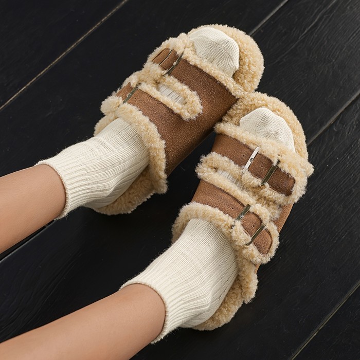Chic Women's Fuzzy Slippers with Buckle Strap - Thick Sole, Open Toe, Non-Slip Rubber Sole for Indoor\u002FOutdoor Wear