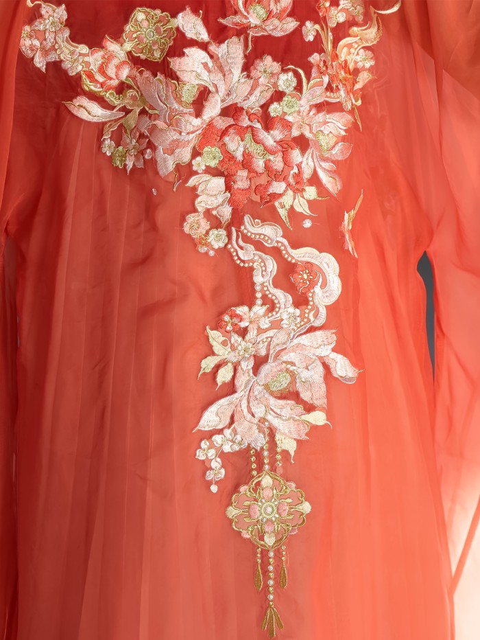 1pc Tang Dynasty Style Hanfu Dress for Women - Floral Embroidery, Long Sleeve, Polyester, Woven, Spring\u002FFall Appropriate, Long Length Gown with Lining