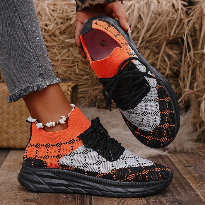Women's Fashion Casual Sneakers - Lightweight, Breathable Knit with Diamond Pattern, Lace-Up Low Tops for All Seasons