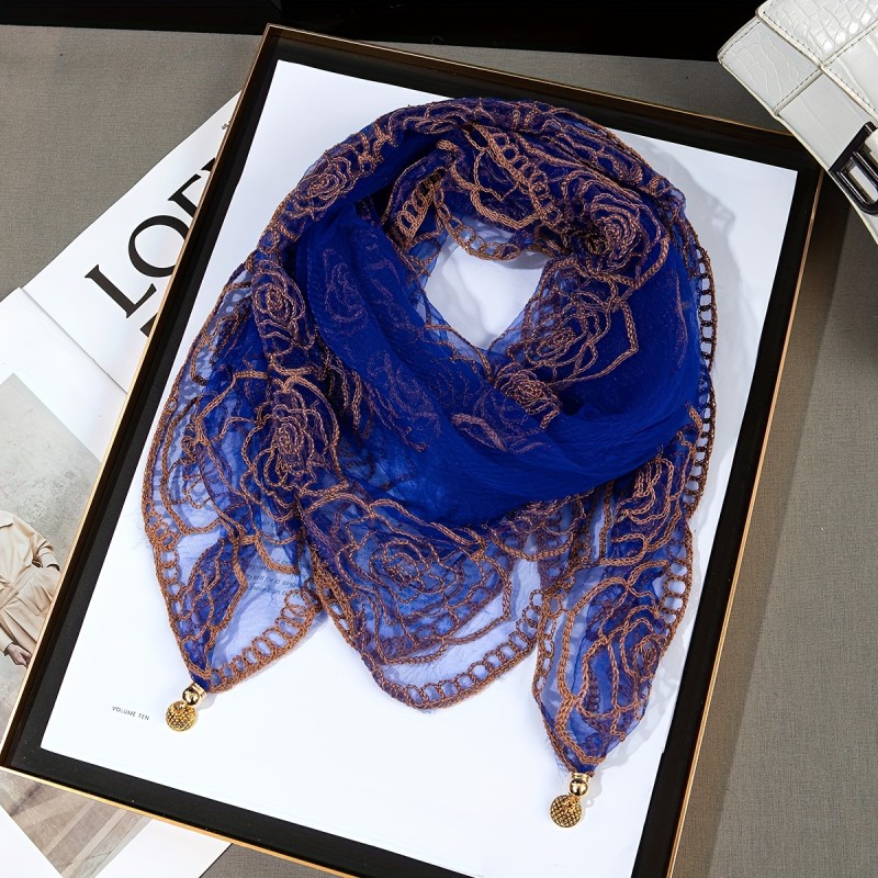 29.52in Tulle Elegant Vintage Square Scarf with Rose Pattern, Lightweight Luxurious Sheer Mesh, Magnetic Buckle Shawl for Women