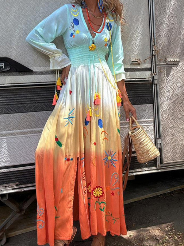 V-Neck Print Lace-Up Fringe Dress