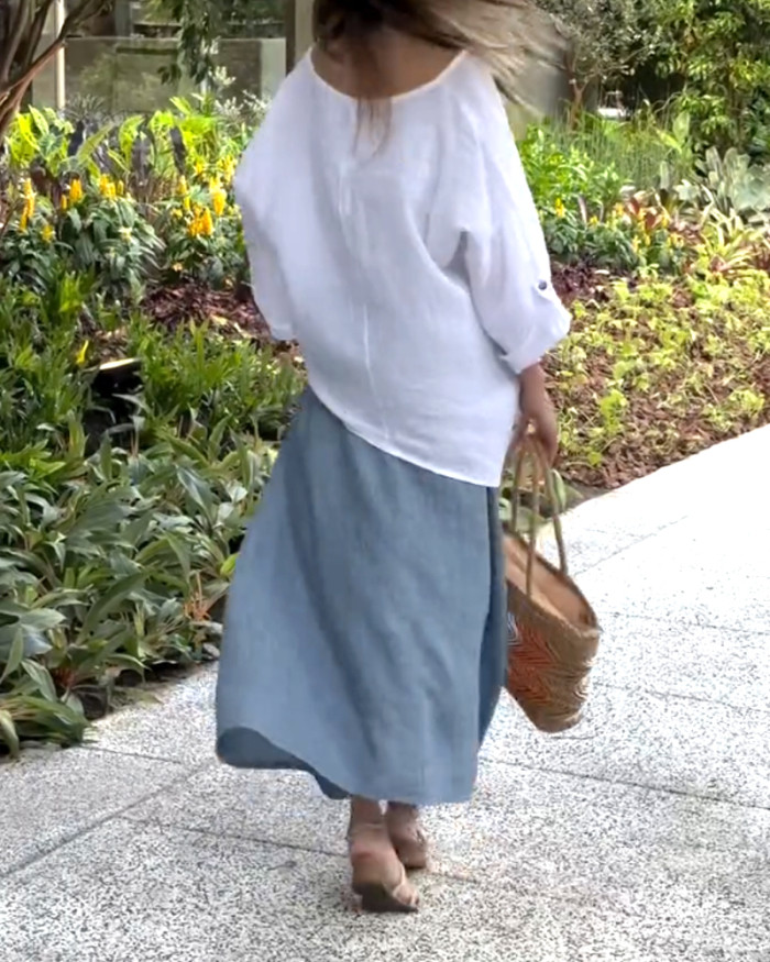 Casual Cotton And Linen Top & Overskirt Two-piece Set (without Belt)