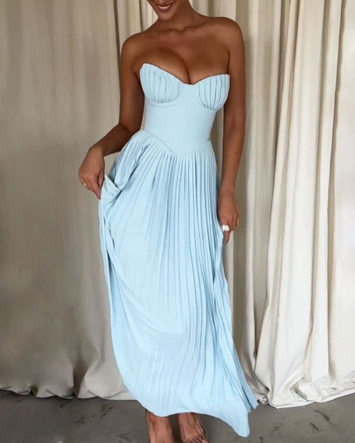 Elegant Solid Color Strapless Pleated Dress