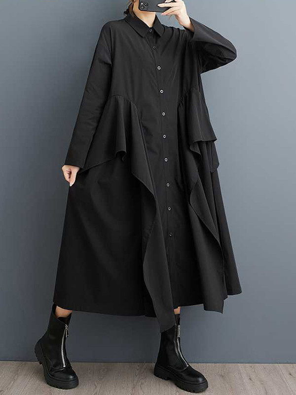 A-Line Long Sleeves Buttoned Pockets Ruffle Trim Solid Color Lapel Midi Dresses