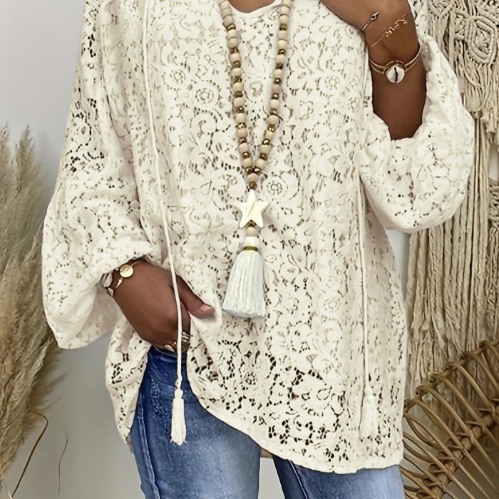Plus Size Floral Lace Long Sleeve Blouse for Spring & Fall, Women's Vacation Tops