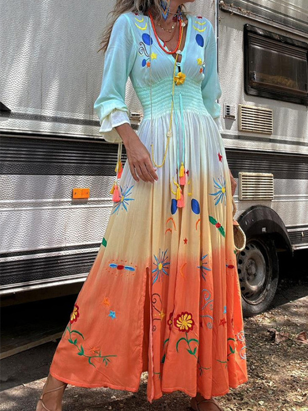 V-Neck Print Lace-Up Fringe Dress