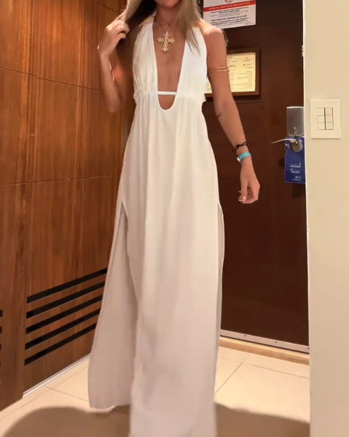 Casual Solid Color V-Neck Split Dress