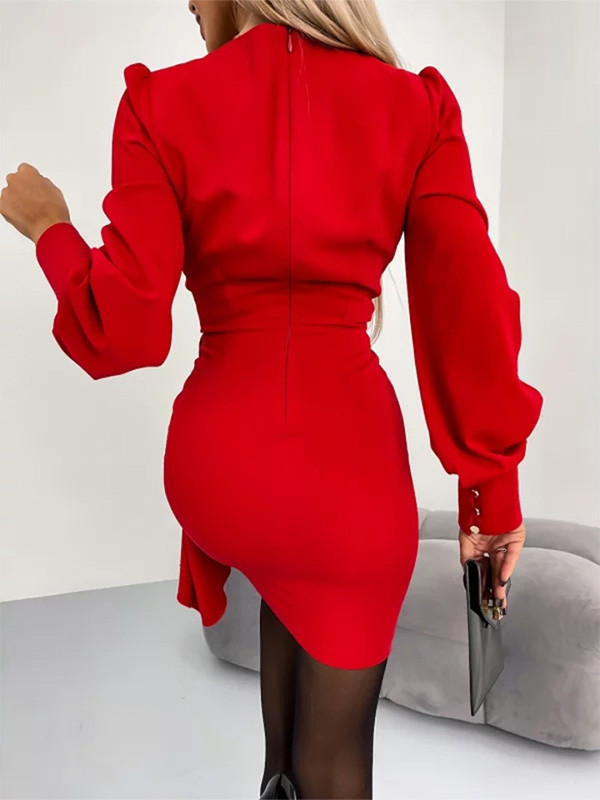 Solid Color Long Sleeve V-Neck Sexy Dress