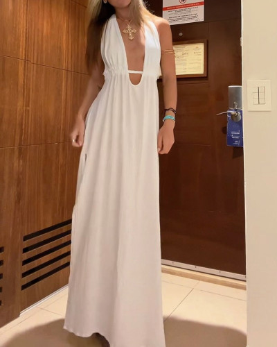 Casual Solid Color V-Neck Split Dress