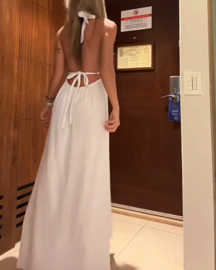 Casual Solid Color V-Neck Split Dress