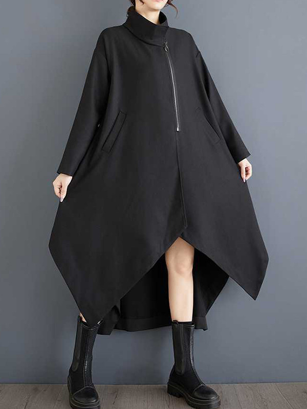 High-low Long Sleeves Pockets Solid Color Split-Joint Zipper Stand Collar Outerwear