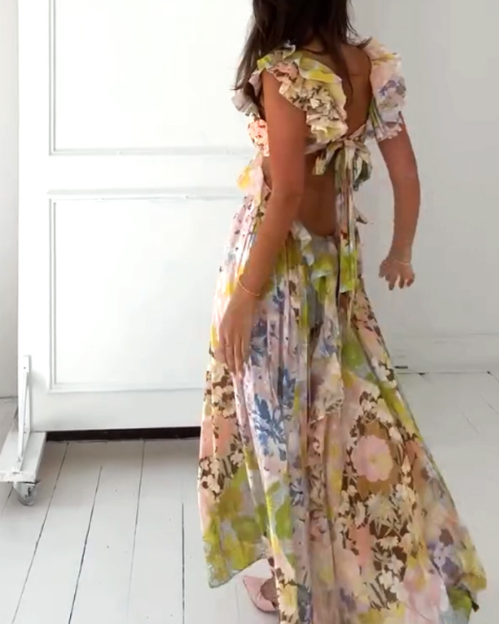 Elegant V-neck Openwork Flower Chiffon Dress