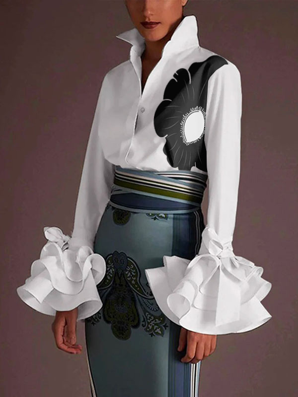 Flared Sleeves Long Sleeves Flower Print Split-Joint Tiered Lapel Blouses&Shirts Tops