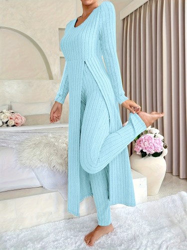 Short Sleeve V Neck Solid Color Ribbed Pants Set, Elastic Waist Slim Outfits with Long Length Top, Casual Women's Clothing