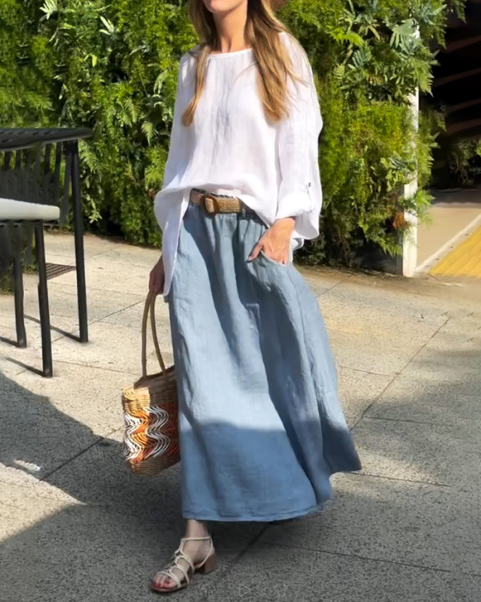 Casual Cotton And Linen Top & Overskirt Two-piece Set (without Belt)