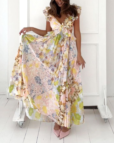 Elegant V-neck Openwork Flower Chiffon Dress