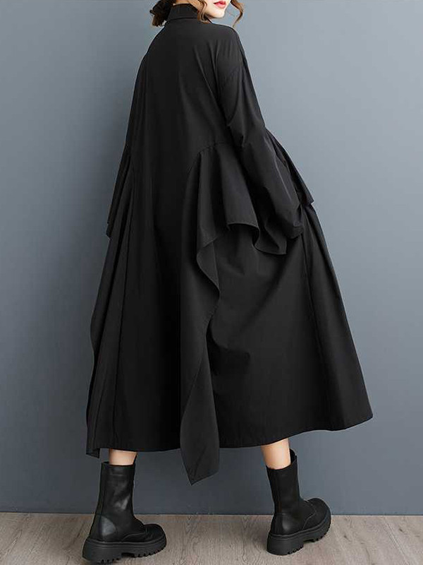 A-Line Long Sleeves Buttoned Pockets Ruffle Trim Solid Color Lapel Midi Dresses