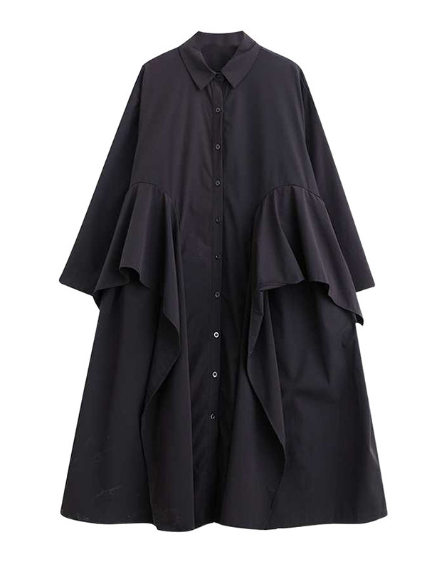 A-Line Long Sleeves Buttoned Pockets Ruffle Trim Solid Color Lapel Midi Dresses