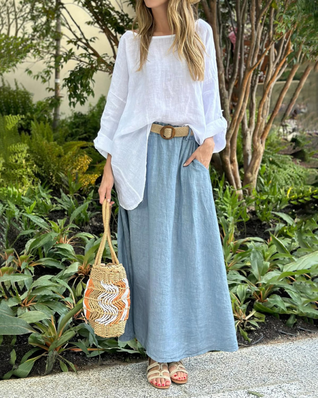 Casual Cotton And Linen Top & Overskirt Two-piece Set (without Belt)