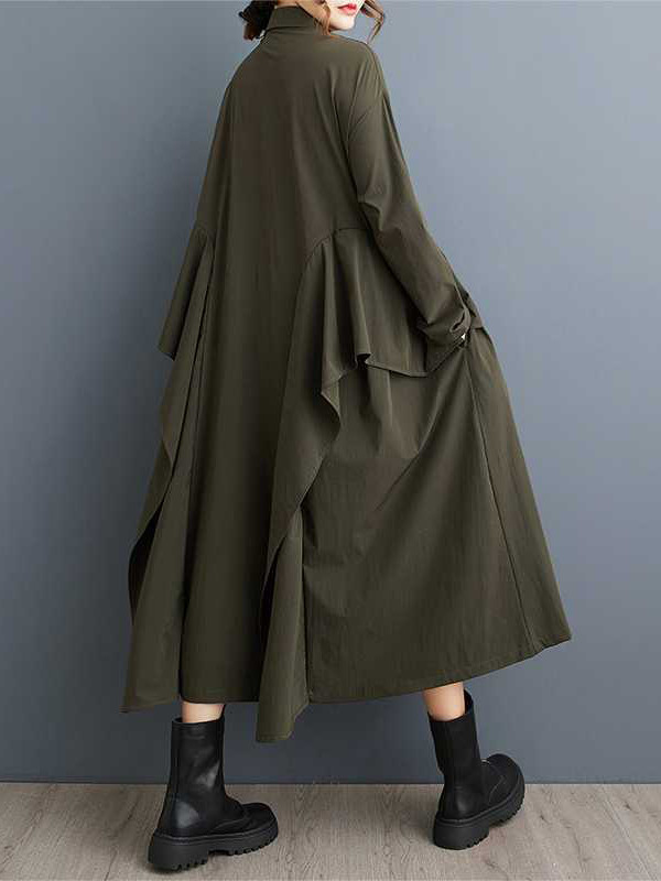 A-Line Long Sleeves Buttoned Pockets Ruffle Trim Solid Color Lapel Midi Dresses
