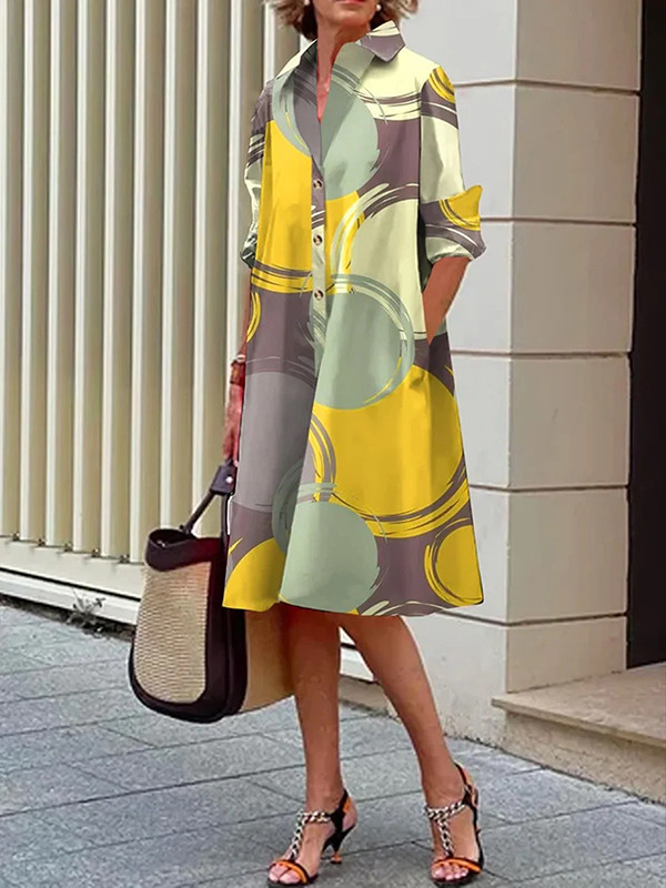A-Line Long Sleeves Buttoned Pockets Printed Lapel Midi Dresses