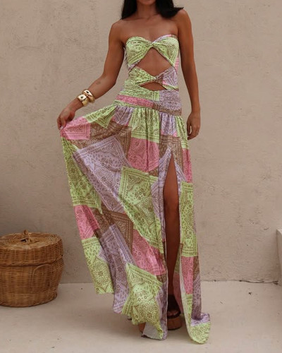 Elegant Print Cutout Split Dress