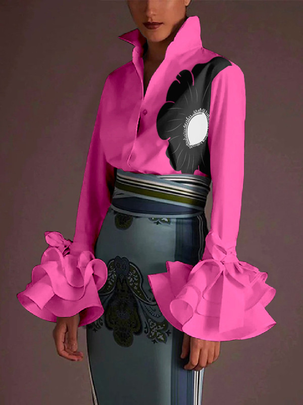 Flared Sleeves Long Sleeves Flower Print Split-Joint Tiered Lapel Blouses&Shirts Tops