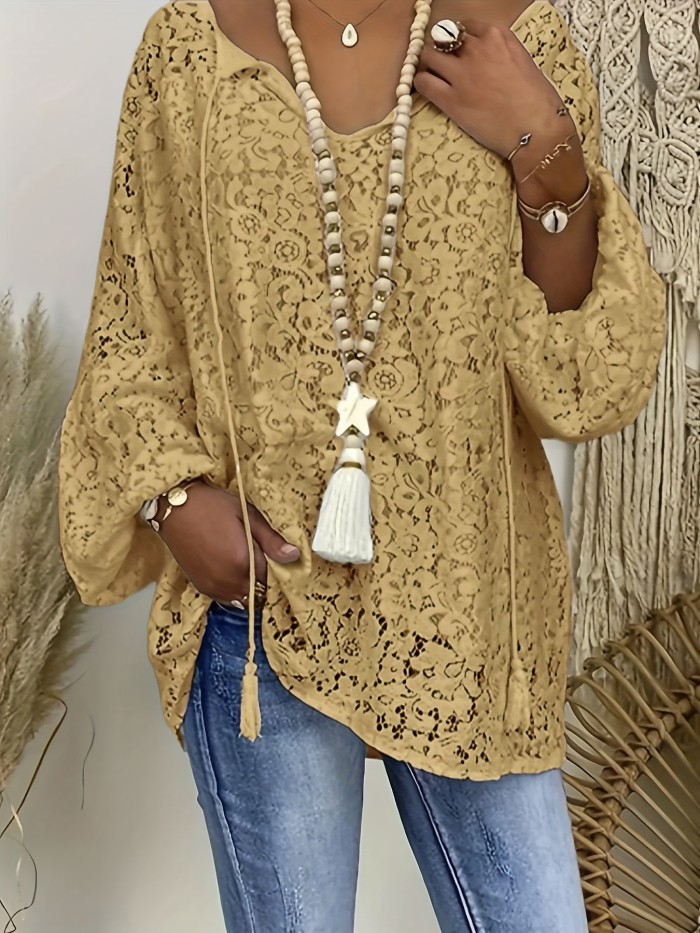 Plus Size Floral Lace Long Sleeve Blouse for Spring & Fall, Women's Vacation Tops