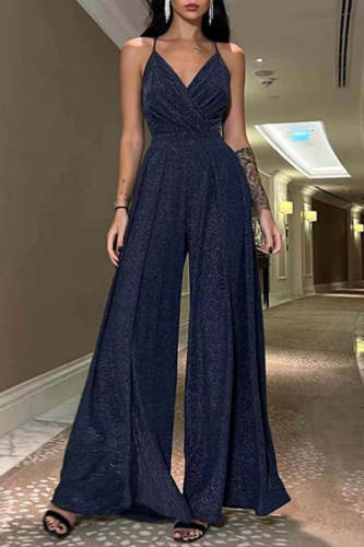 Sexy Casual Solid Color Backless V Neck Bodycon Jumpsuits