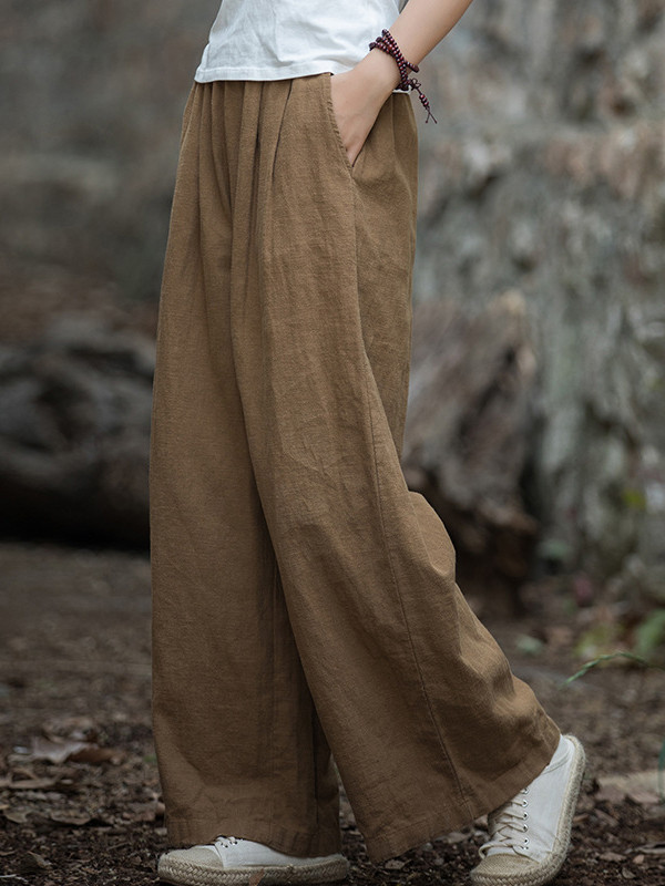 Loose Wide Leg Elasticity Pleated Pockets Solid Color Pants Trousers