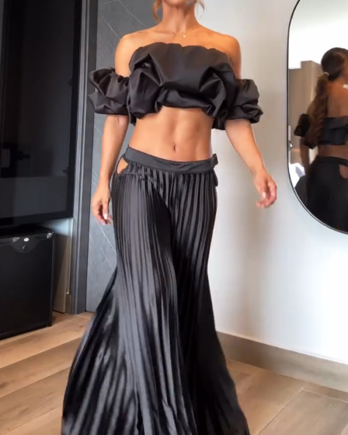Fashion Design Top & Pleated Wide Leg Pants Two-Piece Set
