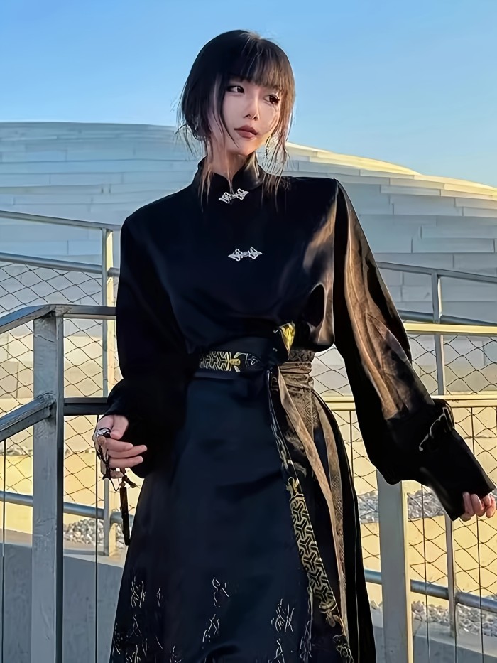 Vintage Style Stand Collar Shirt with Tribal Pattern & Pleated Hanfu Skirt Set - Polyester 100%, Long Sleeve, Belted, Woven 2-Piece Suit for Women (Spring\u002FFall)