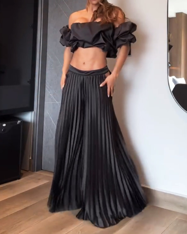 Fashion Design Top & Pleated Wide Leg Pants Two-Piece Set