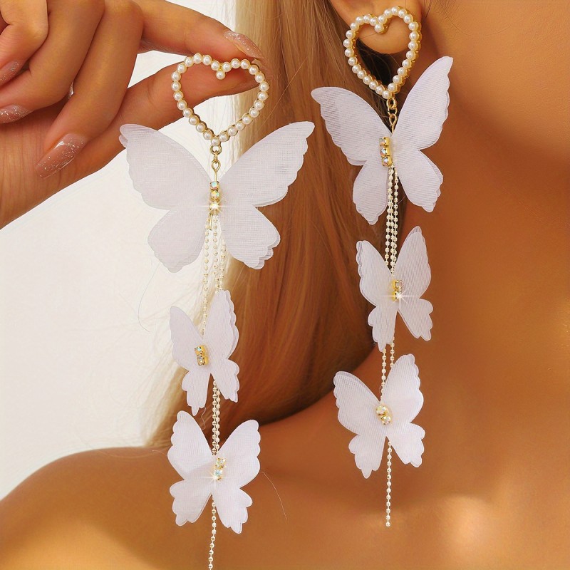 2pcs Women's Fashion Bracelets Bohemian Style White Butterfly Imitation Pearl Inlay Women's Fashion Long Earrings Banquet Party Gift