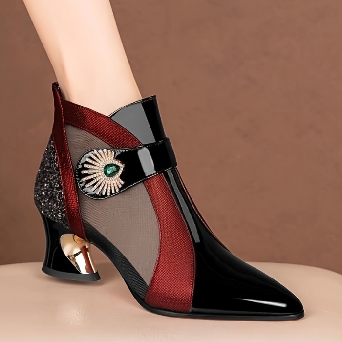 Mesh Colorblock Women's Shoes, Rhinestone Buckle Chunky Heel Point Toe Slim Boots with Sequins for Music Festival