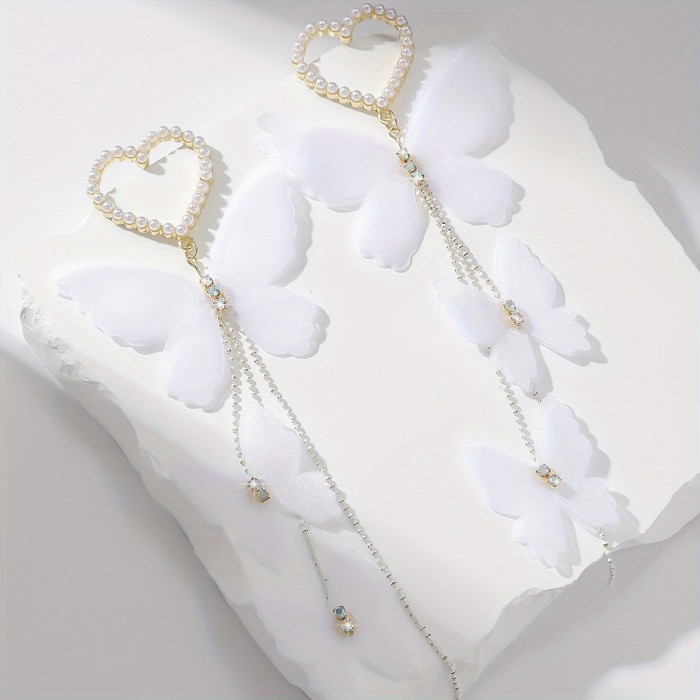 2pcs Women's Fashion Bracelets Bohemian Style White Butterfly Imitation Pearl Inlay Women's Fashion Long Earrings Banquet Party Gift