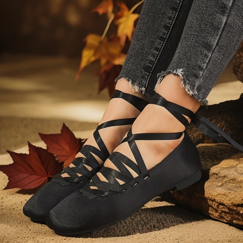 Women'S Preppy Style Low Top Ballet Flats, Soft Sole Lace Up Shoes with Fabric Upper, Man Made Materials, Solid Color, Plain Toe, Hand Wash or Professional Dry Clean