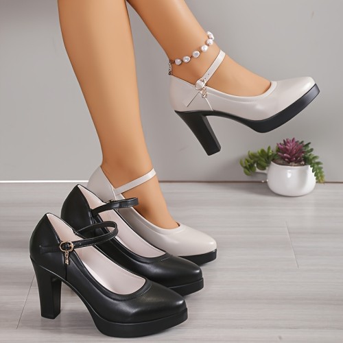 Elegant Women's Chunky High Heels - Faux Leather Pointed Toe with Secure Ankle Strap - Versatile Mary Jane Pumps for Every Occasion
