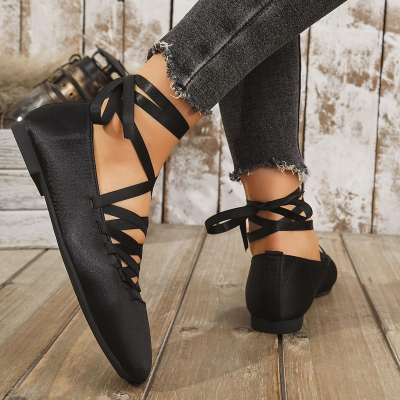 Women'S Preppy Style Low Top Ballet Flats, Soft Sole Lace Up Shoes with Fabric Upper, Man Made Materials, Solid Color, Plain Toe, Hand Wash or Professional Dry Clean