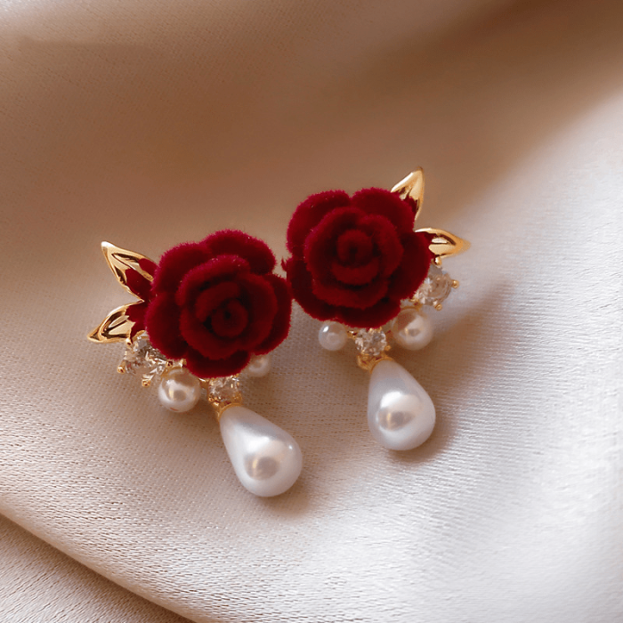 Vintage-Inspired Red Rose Flower Imitation Pearl Zircon Stud Earrings - Hypoallergenic Alloy Ear Needles, Premium Sense Ear Jewelry for Sensitive Ears, Niche Ear Stud Design, Durable and Long-Lasting Alloy Construction
