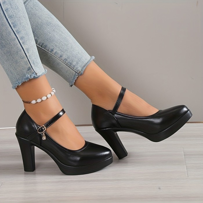 Elegant Women's Chunky High Heels - Faux Leather Pointed Toe with Secure Ankle Strap - Versatile Mary Jane Pumps for Every Occasion