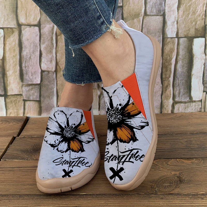 Women'S Casual Canvas Slip-On Shoes, Fabric Upper, Inner & Insole, PU Sole, with Floral Print, for All-Season Comfort, Easy Care