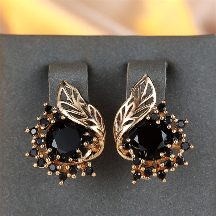 1 Pair Golden Color Round Cut Black Stone Floral Earrings CZ Claw Drop Dangle Earrings Wedding Jewelry
