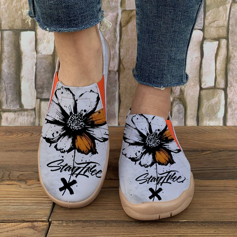 Women'S Casual Canvas Slip-On Shoes, Fabric Upper, Inner & Insole, PU Sole, with Floral Print, for All-Season Comfort, Easy Care