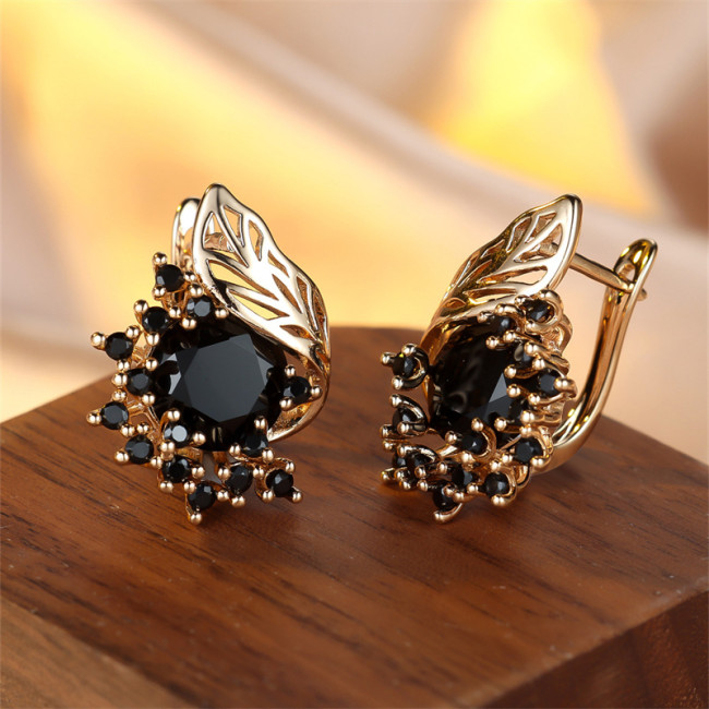 1 Pair Golden Color Round Cut Black Stone Floral Earrings CZ Claw Drop Dangle Earrings Wedding Jewelry