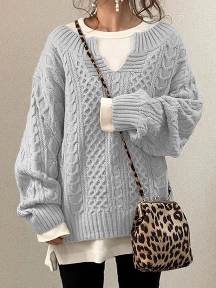 Solid Cable Knit Sweater, Casual V Neck Long Sleeve Sweater, Women's Clothing